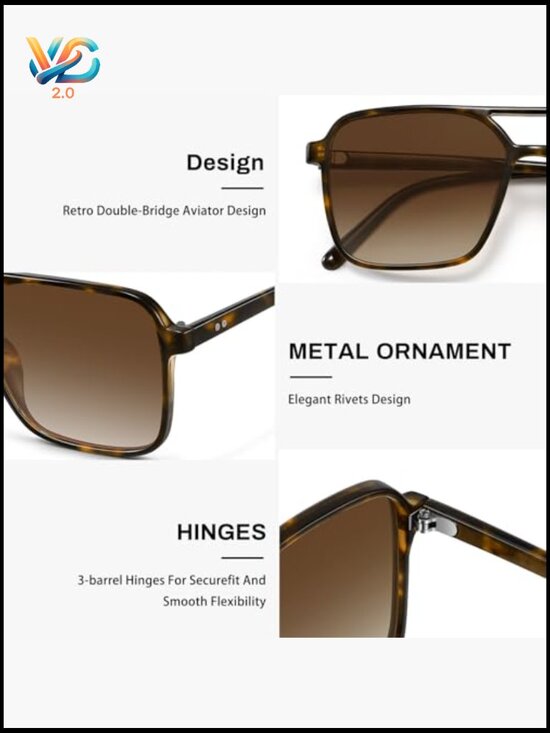Square Aviator Sunglasses Retro Trendy UV Protection Shades Double Bar Frame main image 4